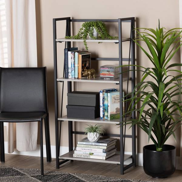 Baxton Studio Lakota Modern Industrial Light Grey Finished Wood and Black Metal 4-Tier Display Shelf 206-12091